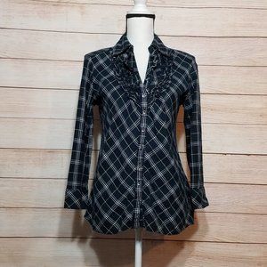 Joie blue green plaid button up ruffle (29-004